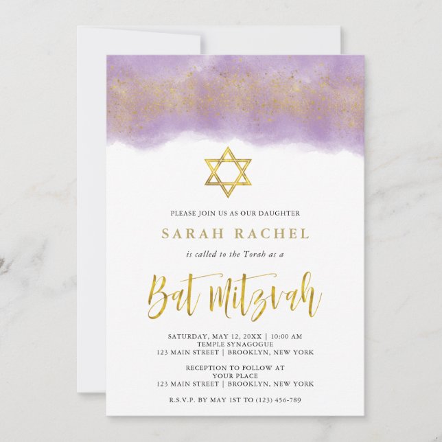 Purple Watercolor | Gold Faux Glitter Bat Mitzvah Invitation (Front)