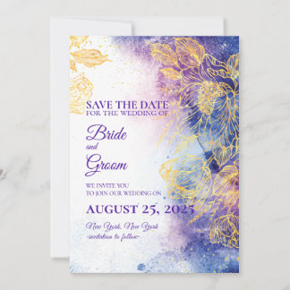 Purple Watercolor & Gold Flower Save the Date Card