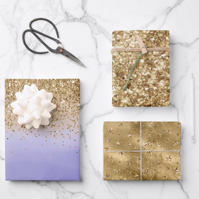 Purple Watercolor Gold Glam Glitter Wrapping Paper Sheet (Front)