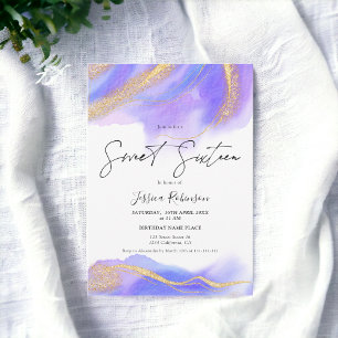Purple watercolor gold glitter photo Sweet 16 Invitation