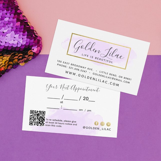 Purple Watercolor & Gold Nail Salon Appointment Business Card (Creator Uploaded)