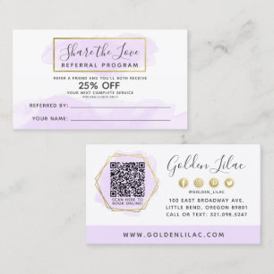 Purple Watercolor & Gold Referral Program QR Code Business Card