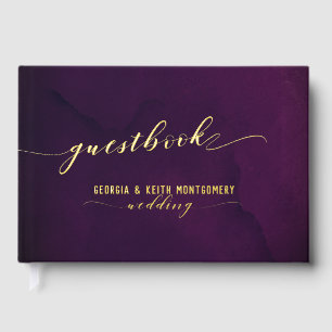 Purple Watercolor Gold Script Elegant Wedding Guest Book