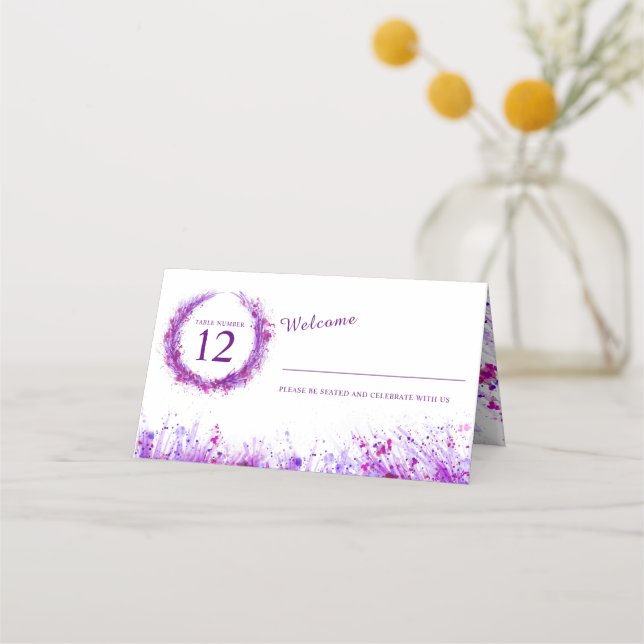 Purple watercolor grass splash wedding place cards (Front)