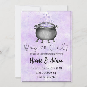 Purple Watercolor Halloween Gender Reveal Invitation