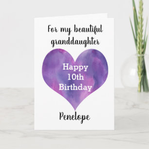 Purple Watercolor Heart 10th Birthday Card