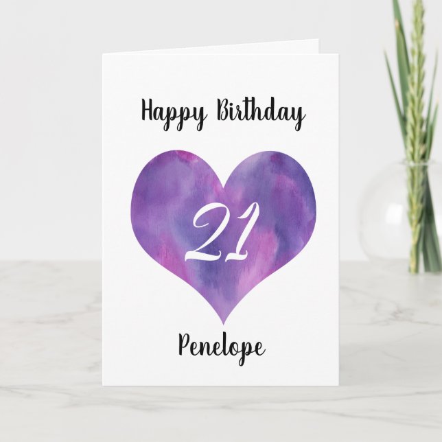 Purple Watercolor Heart 21st Birthday Card (Front)