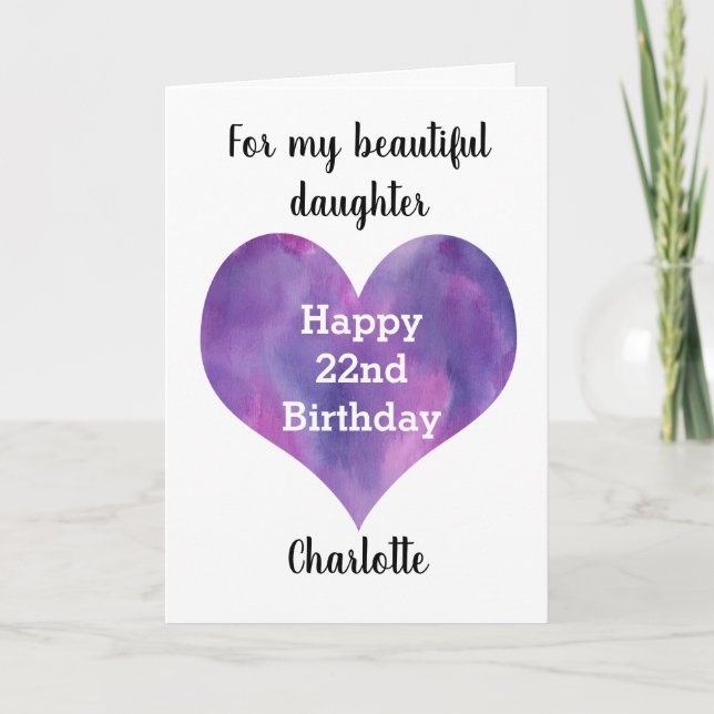 Purple Watercolor Heart 22nd Birthday Card (Front)