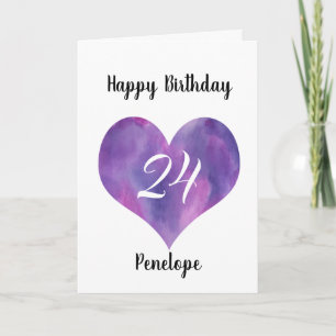 Purple Watercolor Heart 24th Birthday Card