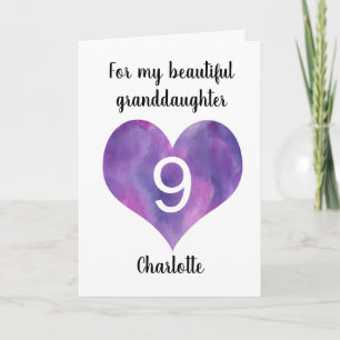 Purple Watercolor Heart 9th Birthday Card
