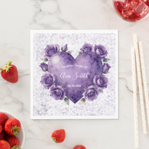 Purple Watercolor Heart and Roses Bridal Shower Napkin