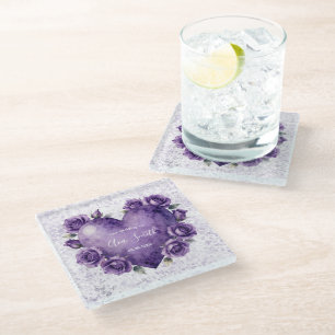 Purple Watercolor Heart and Roses Wedding Glass Coaster