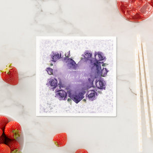 Purple Watercolor Heart and Roses Wedding Napkin