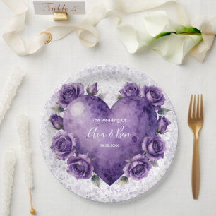 Purple Watercolor Heart and Roses Wedding Paper Plate