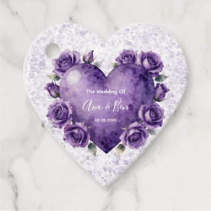 Purple Watercolor Heart and Roses Wedding Thank U Favour Tags
