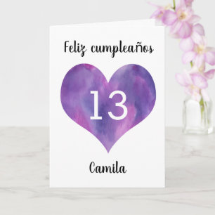 Purple Watercolor Heart Spanish 13th Birthday Card