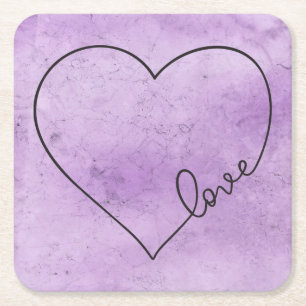 Purple Watercolor Heart Wedding Grunge Vintage Square Paper Coaster