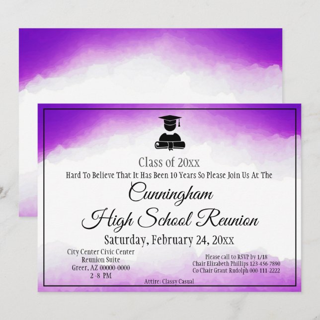 Purple Watercolor High School Class Reunion Invitation (Front/Back)