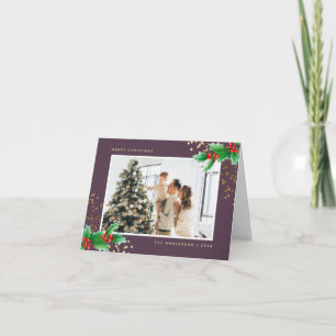Purple Watercolor Holly Photo Merry Christmas Card