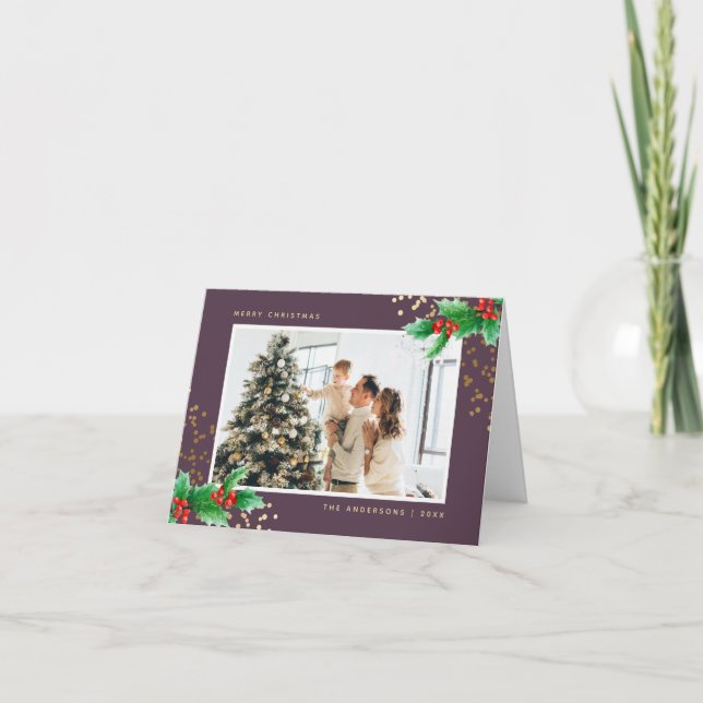 Purple Watercolor Holly Photo Merry Christmas Card (Front)