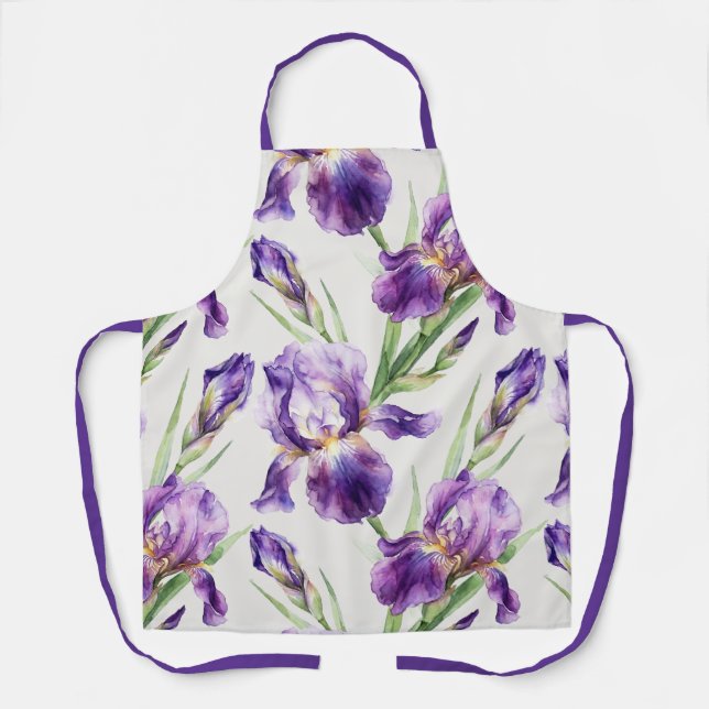 Purple Watercolor Iris Floral Botanical  Apron (Front)