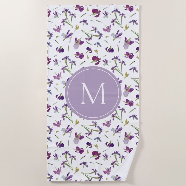 Purple Watercolor Iris Flowers Pattern Monogram Beach Towel (Front)