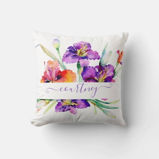 Purple watercolor Iris personalised  Cushion (Front)
