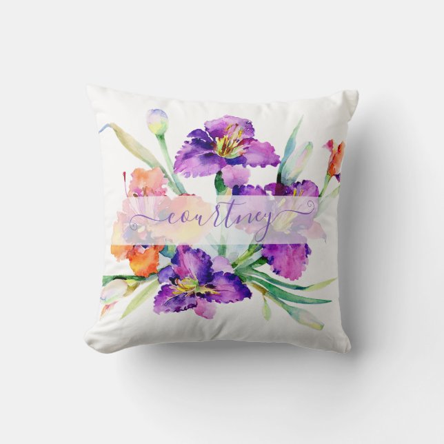 Purple watercolor Iris personalised  Cushion (Front)
