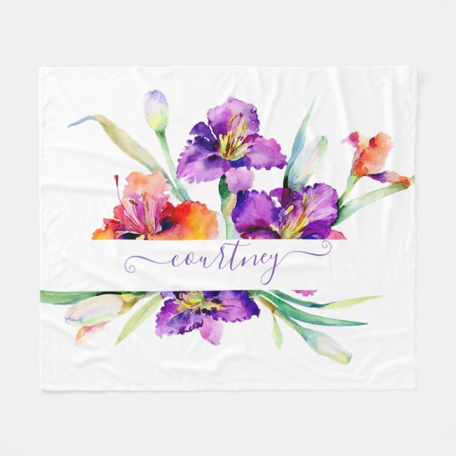 Purple watercolor Iris personalised  Fleece Blanket (Front (Horizontal))