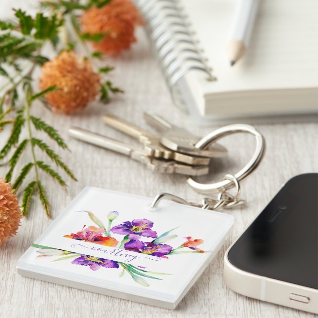 Purple watercolor Iris personalised  Key Ring (Front Right)