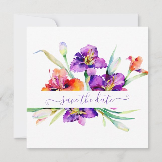 Purple watercolor Iris personalised  Save The Date (Front)