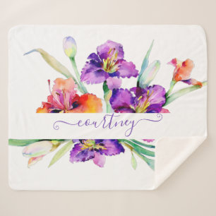 Purple watercolor Iris personalised Sherpa Blanket