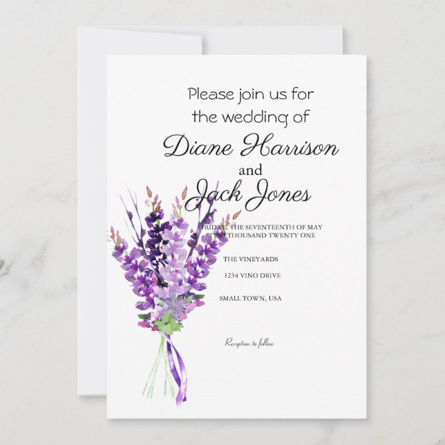 Purple Watercolor Lavender Wedding Invitation (Front)
