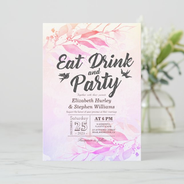 Purple Watercolor Leaves EAT Drink & Party Wedding Invitation (Standing Front)
