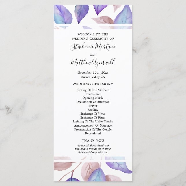 Purple Watercolor Leaves Foliage Wedding Ceremony Programme (Front)