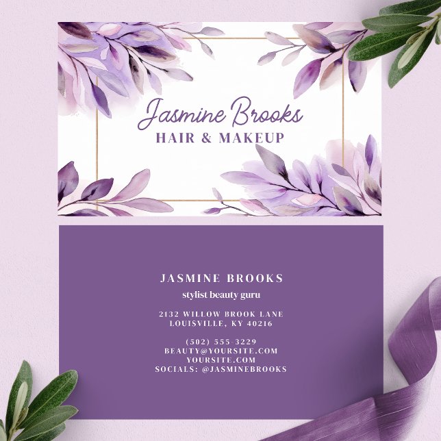  Purple Watercolor Leaves Gold Frame Business Card (Creator Uploaded)