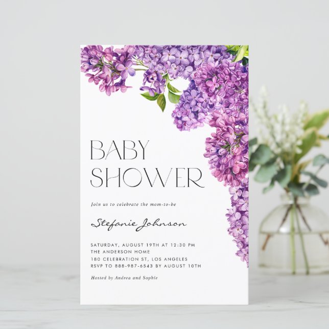 Purple Watercolor Lilac Flowers Baby Shower Invite (Standing Front)