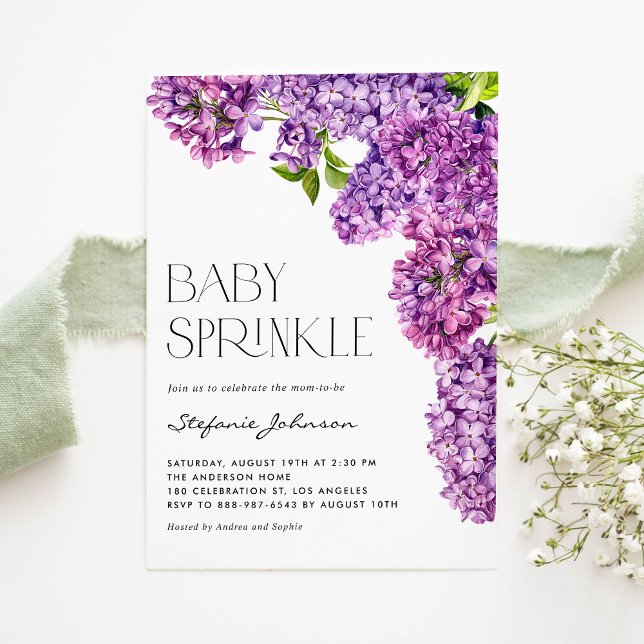 Purple Watercolor Lilac Flowers Baby Sprinkle Invitation (Creator Uploaded)