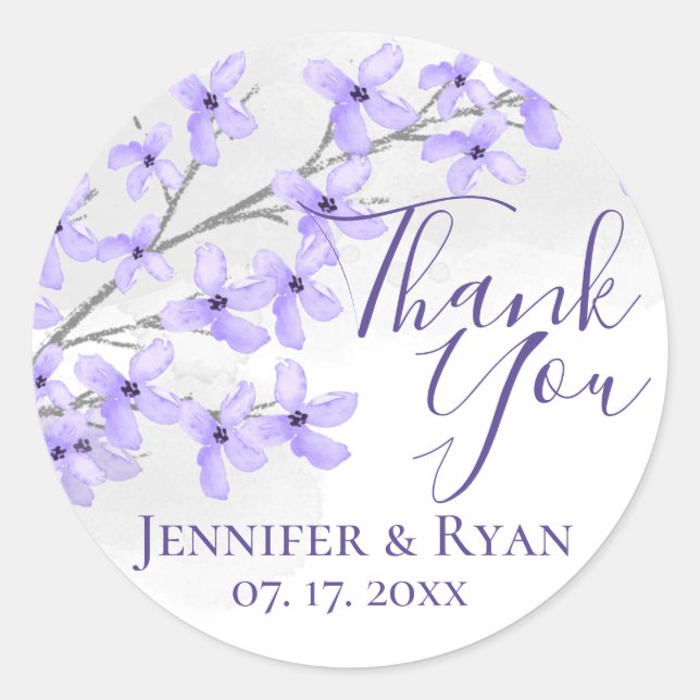 Purple Watercolor Lilac Thank You Classic Round Sticker (Front)