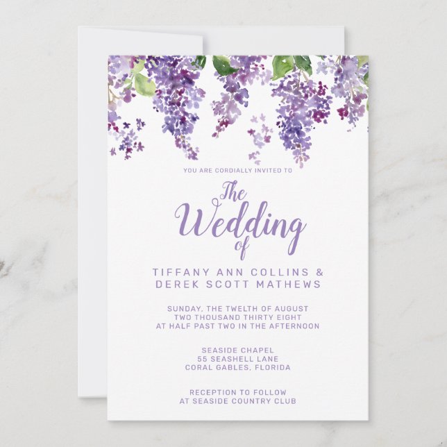 Purple Watercolor Lilacs Floral Wedding Invitation (Front)