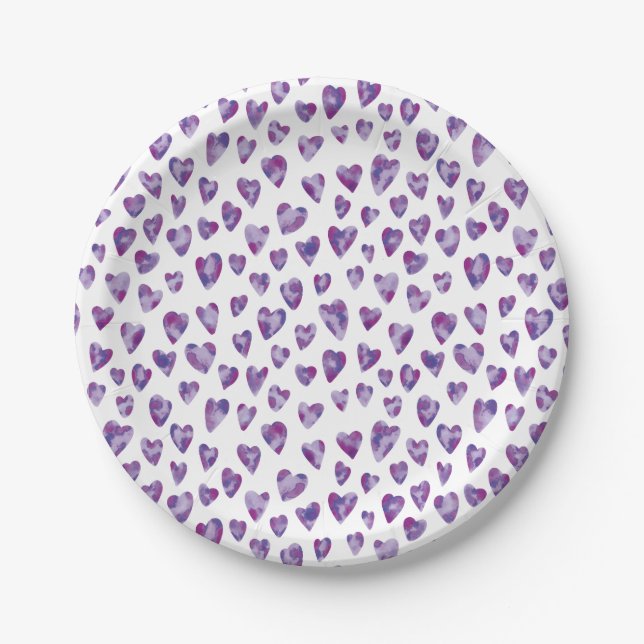 Purple Watercolor Love Heart Pattern Paper Plate (Front)
