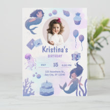 Purple Watercolor Mermaid Birthday Invitation