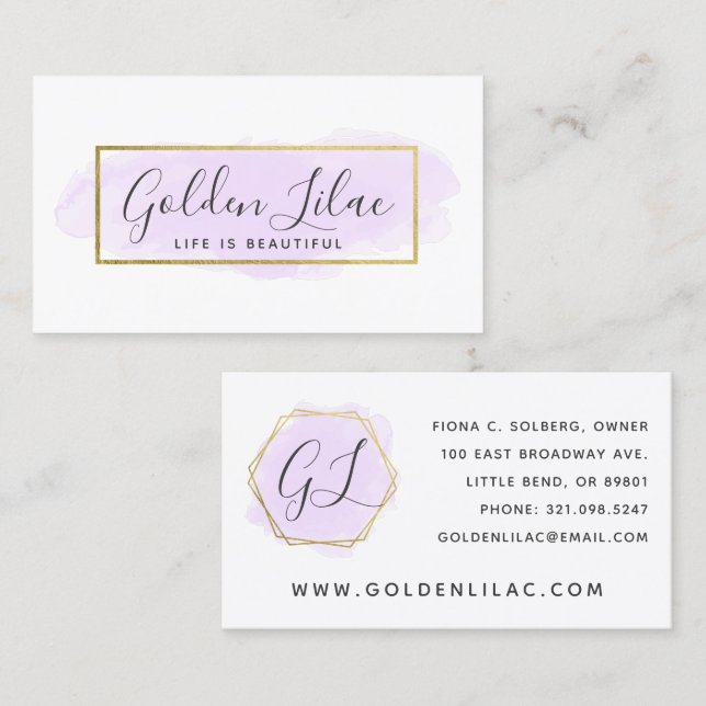 Purple Watercolor & Modern Gold Geometric Chic Business Card (Front/Back)