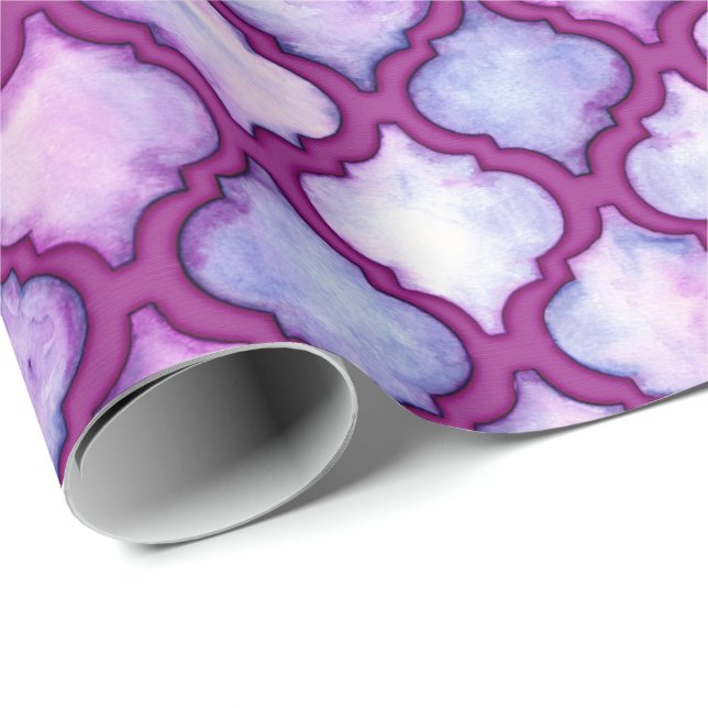 Purple Watercolor Moroccan Quatrefoil Gift Wrap (Roll Corner)