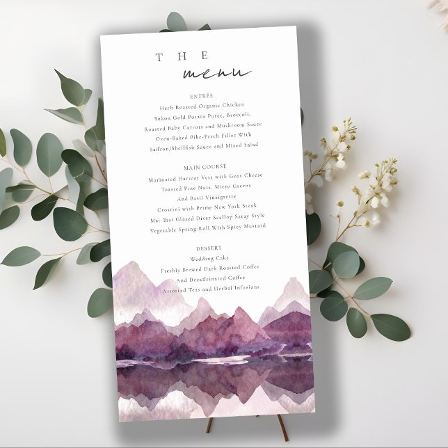 Purple Watercolor Mountain Lake Wedding Menu (Creator Uploaded)