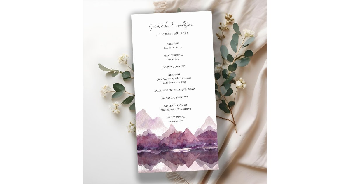 Purple Watercolor Mountain Lake Wedding Program Thank You Card | Zazzle