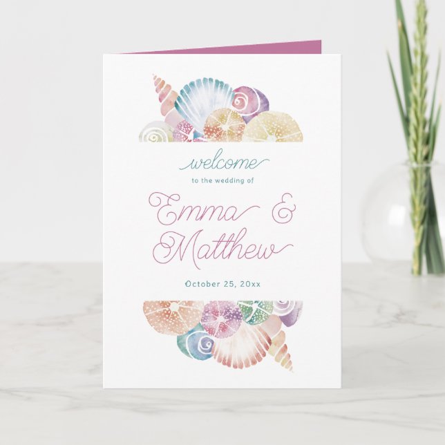 Purple Watercolor Ocean Mermaid Shell Folded Programme (Front)