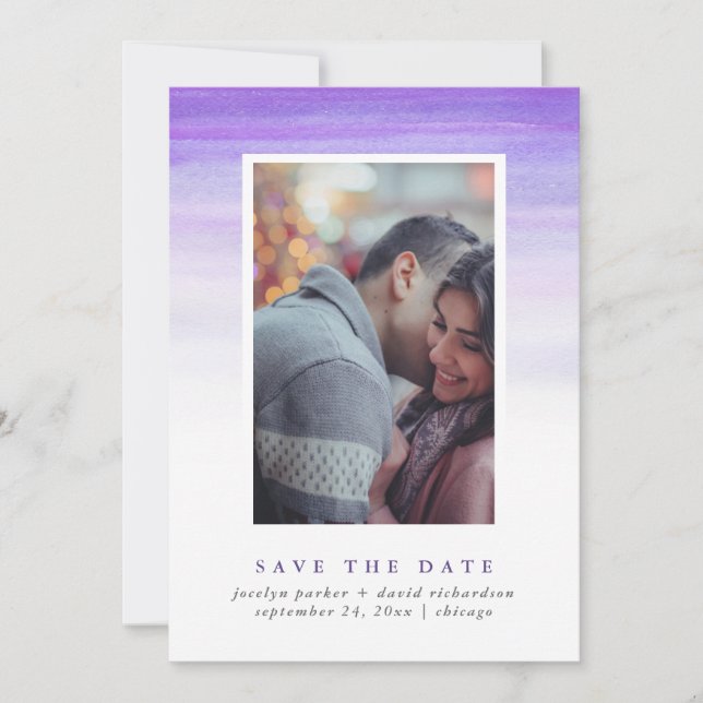 Purple Watercolor Ombre | Photo Save the Date (Front)