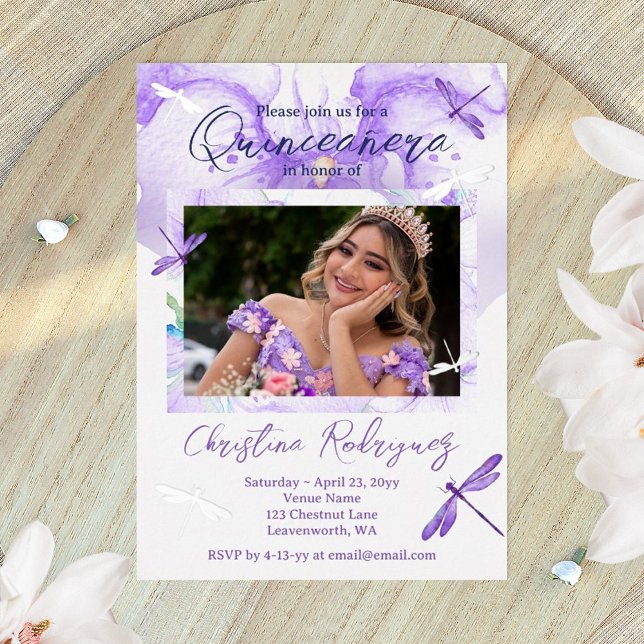Purple Watercolor Orchid, Dragonfly Quinceanera (Purple quinceanera, silver foil invitation)