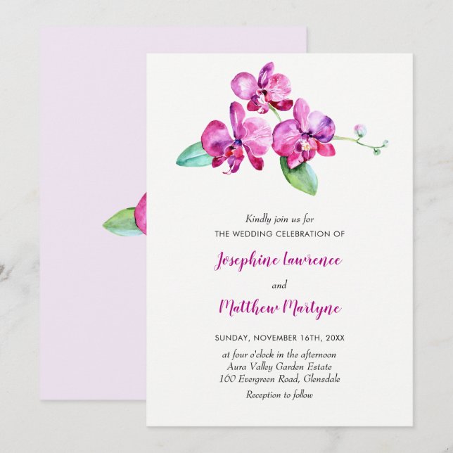 Purple Watercolor Orchid Floral Wedding Invitation (Front/Back)